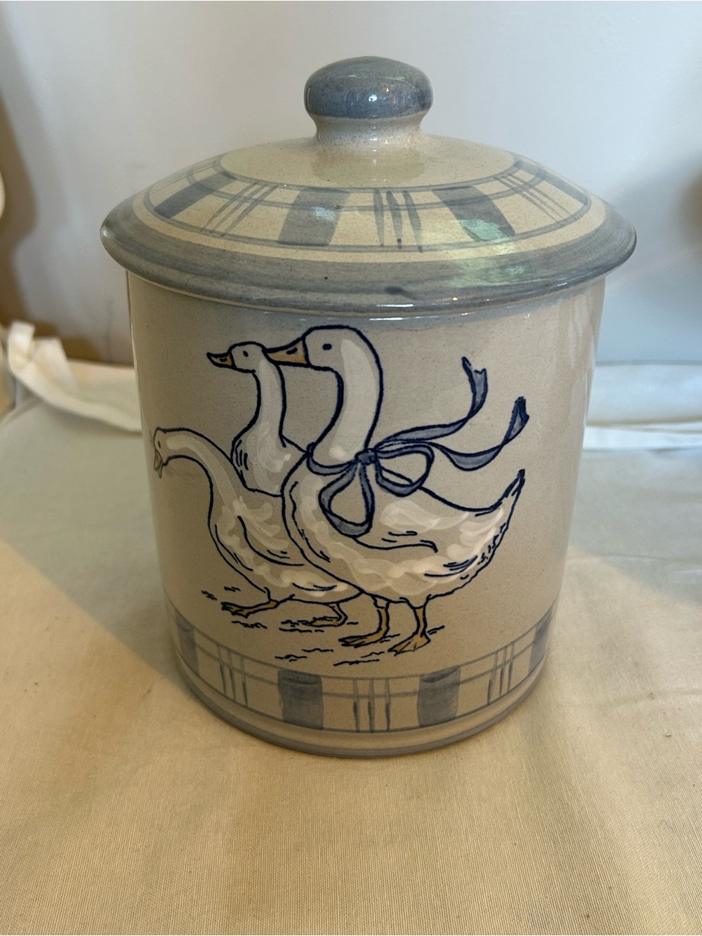 Ceramic Goose medium Canister with Blue Trim Louisville stoneware